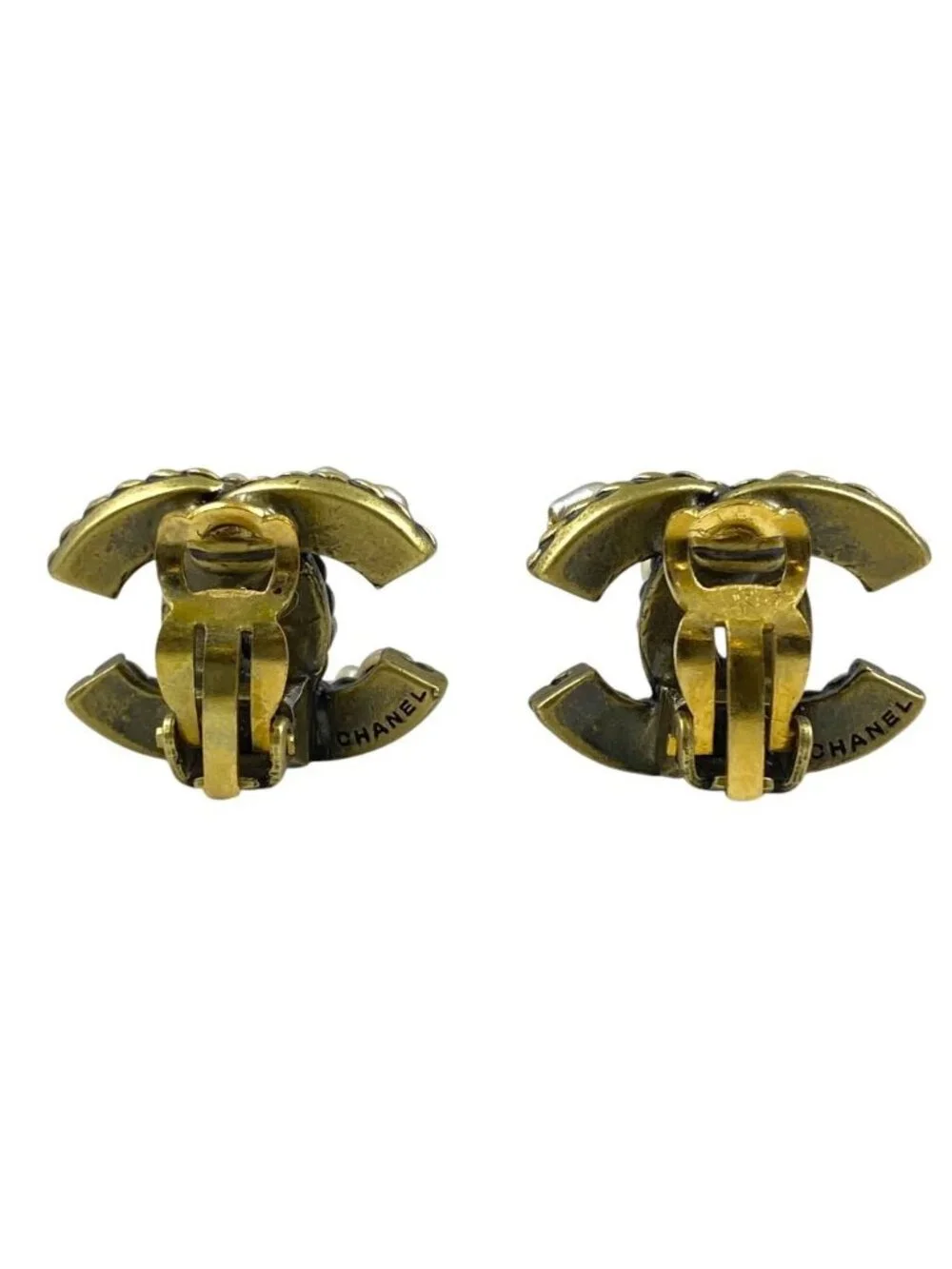 Chanel CC Logo Earrings Vintage Accessory Metal Faux Pearl Gold